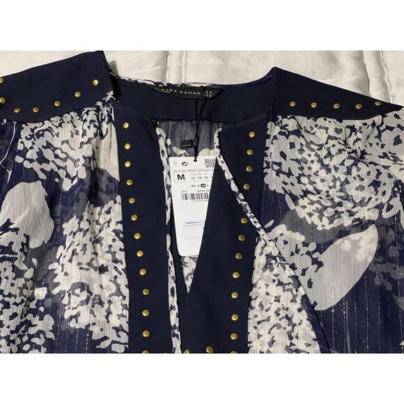 Zara Mulberry Silk Navy/Ecru Long Sleeve Blouse with Studs Women's Size Medium N - Picture 15 of 16